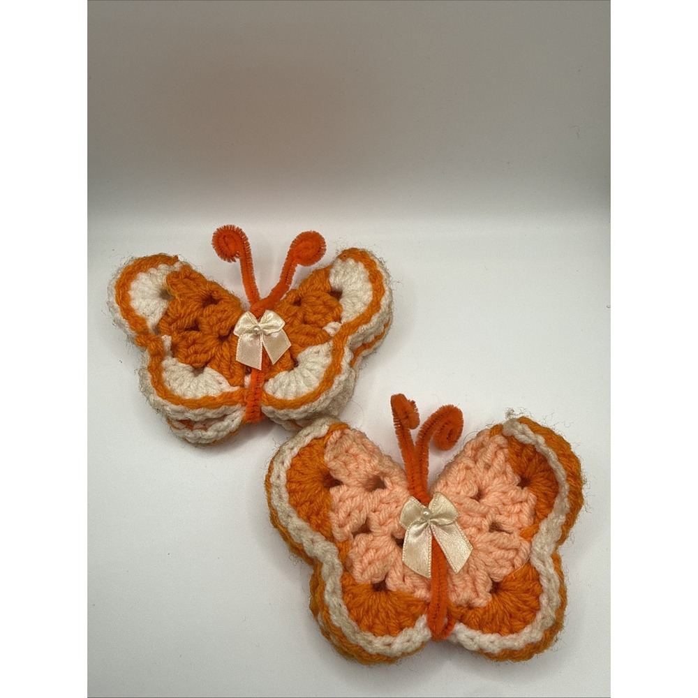 VTG Lot 2 70's Handmade Crochet Orange 3-D Butterfly Magnets MCM